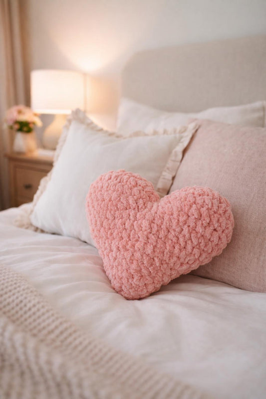 Handmade Crochet Heart Pillow – Pink Plush Cushion