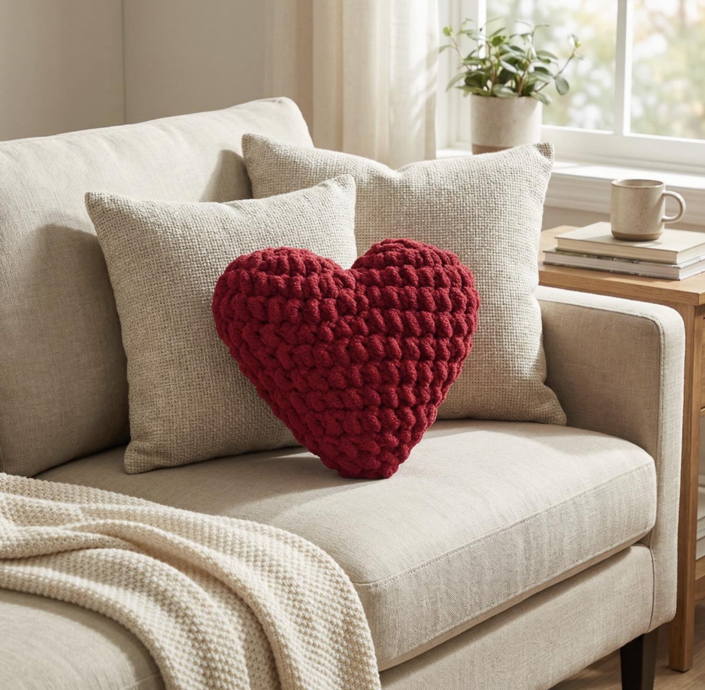 Red Crochet Heart Plushie Pillow | Handmade Chunky Yarn