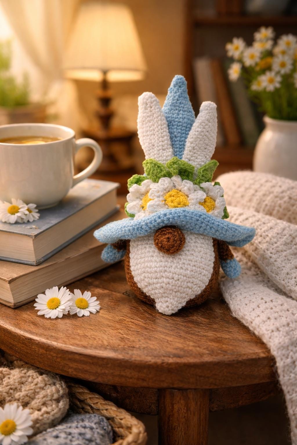 Crochet Bunny Gnome Plush | Daisy Flower Hat Easter Decor