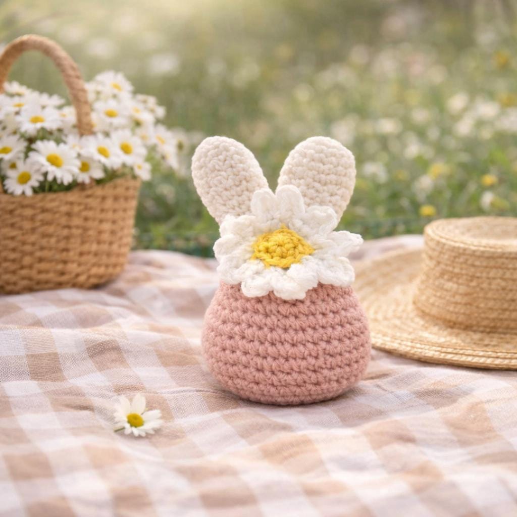 Crocheted Daisy Bunny Decor | Handmade Spring Easter Plush Toy