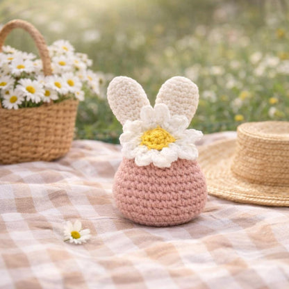 Crocheted Daisy Bunny Decor | Handmade Spring Easter Plush Toy