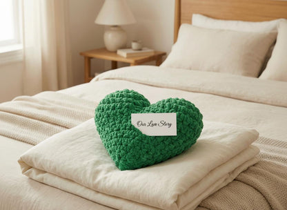 Handmade Crochet Heart Pillow – Green Plush Cushion