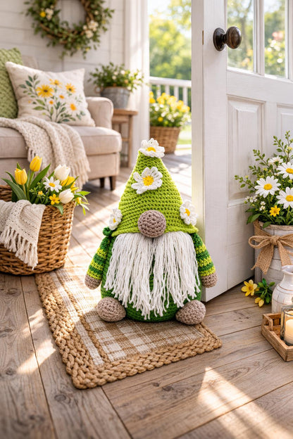 Springtime Gnome Doorstop | Handmade Crochet Decor