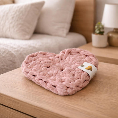 Heart-Shaped Macramé Coaster – Handmade Cotton Drink Coaster