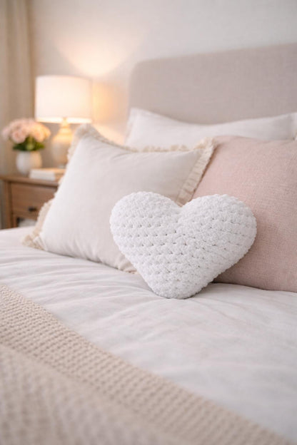 Handmade Crochet Heart Pillow – White Plush Cushion Decor