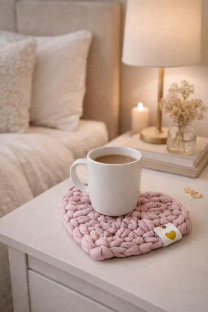 Heart-Shaped Macramé Coaster – Handmade Cotton Drink Coaster