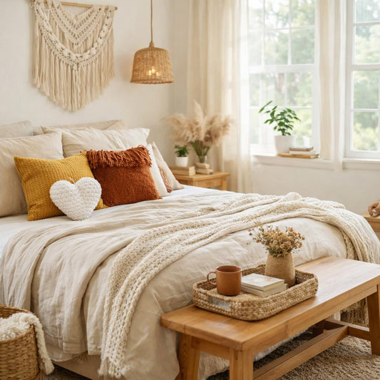 Handmade Crochet Heart Pillow – White Plush Cushion Decor