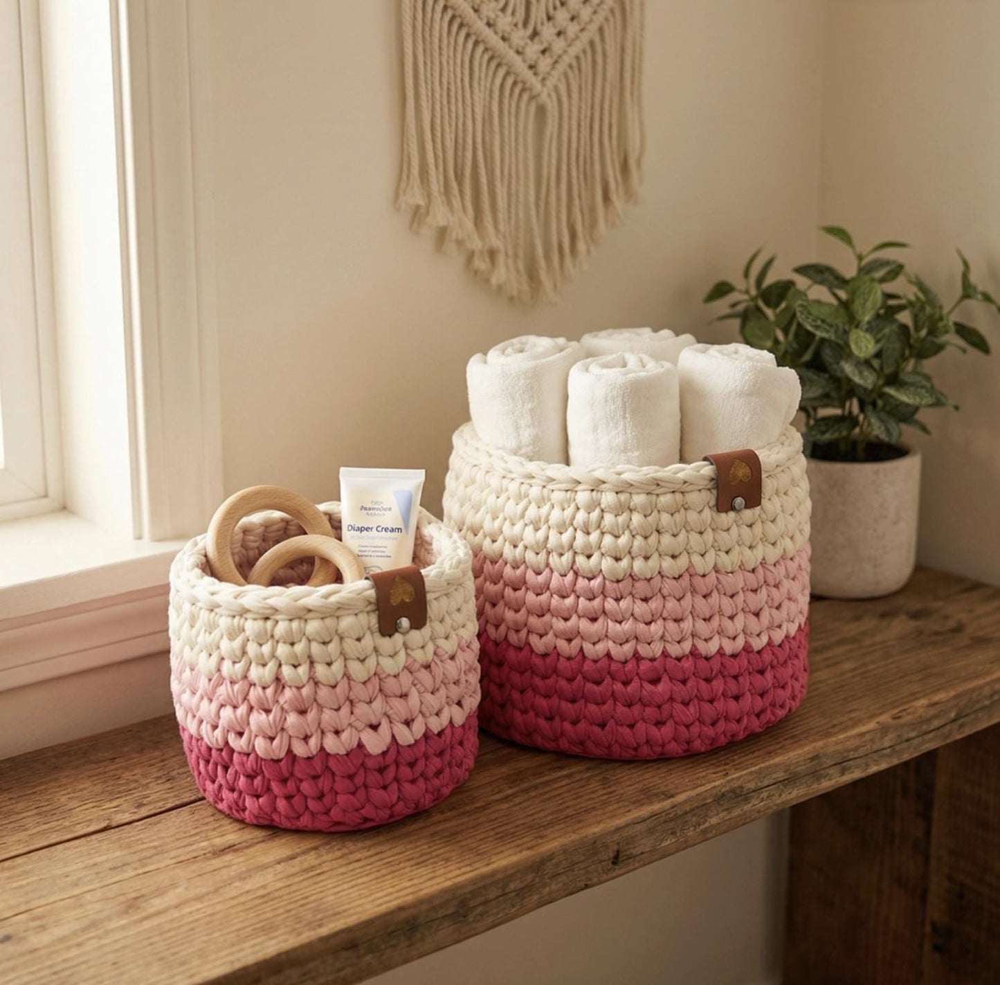 Pink Ombre Crochet Storage Baskets | Handmade T-Shirt Yarn Home Decor