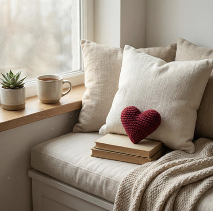 Handmade Crochet Heart Pillow – Red Plush Cushion