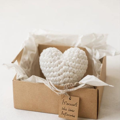 Handmade Crochet Heart Pillow – White Plush Cushion Decor