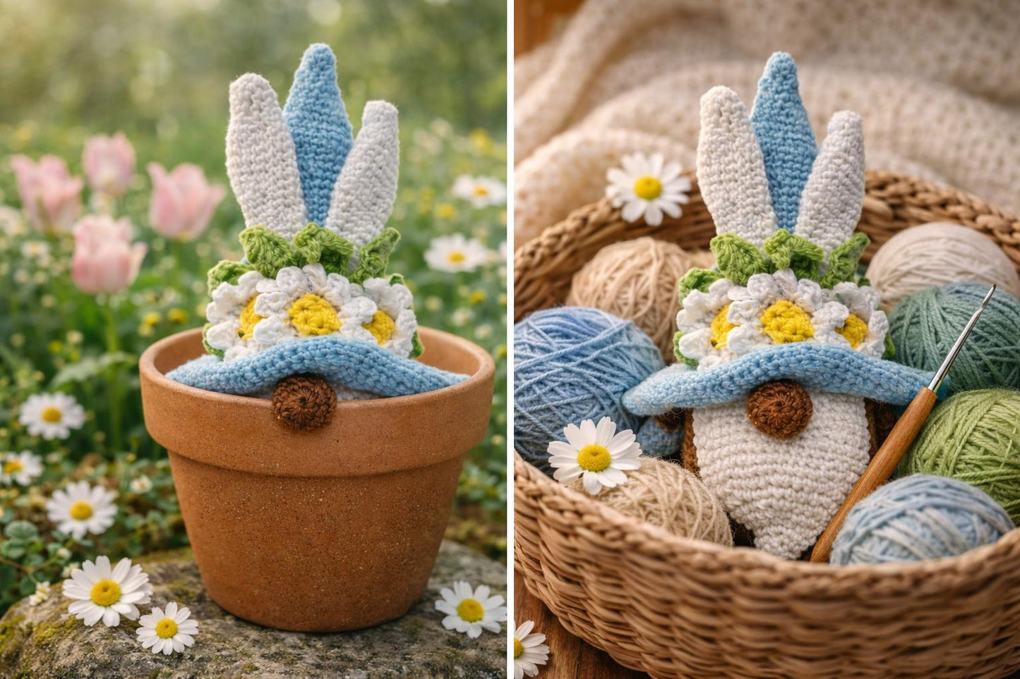 Crochet Bunny Gnome Plush | Daisy Flower Hat Easter Decor