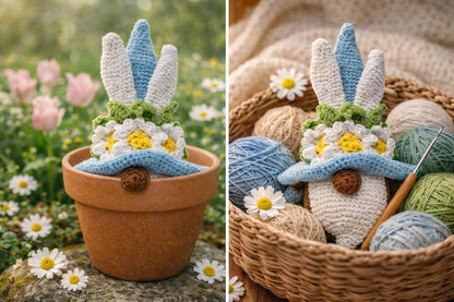 Crochet Bunny Gnome Plush | Daisy Flower Hat Easter Decor