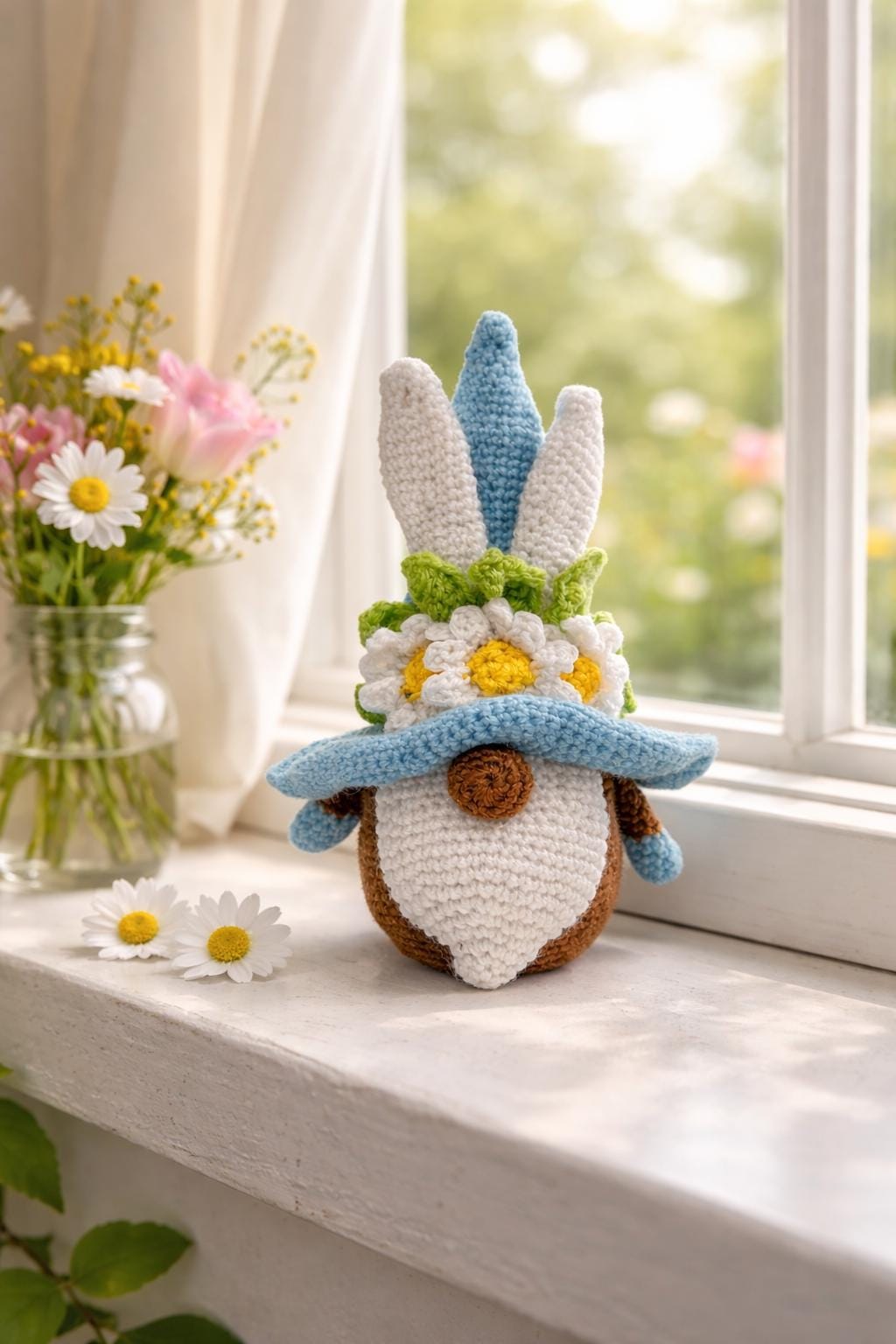 Crochet Bunny Gnome Plush | Daisy Flower Hat Easter Decor