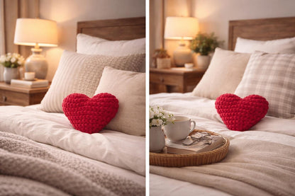 Red Crochet Heart Plushie Pillow | Handmade Chunky Yarn