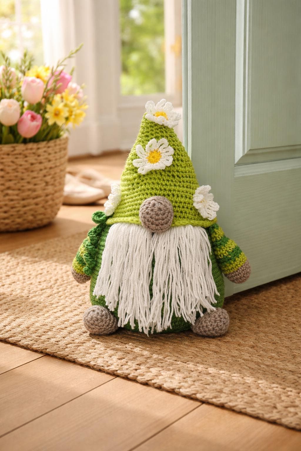 Springtime Gnome Doorstop | Handmade Crochet Decor