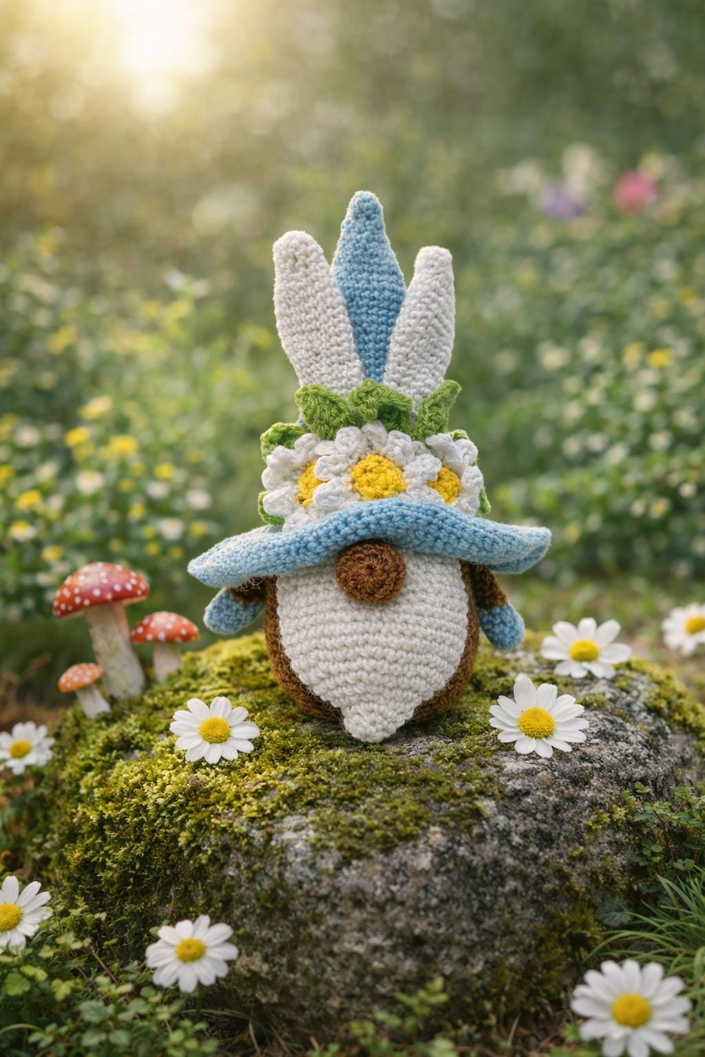 Crochet Bunny Gnome Plush | Daisy Flower Hat Easter Decor