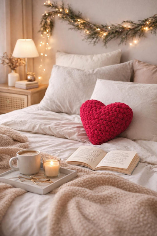 Red Crochet Heart Plushie Pillow | Handmade Chunky Yarn