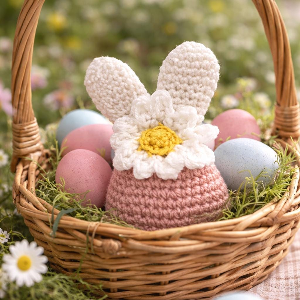 Crocheted Daisy Bunny Decor | Handmade Spring Easter Plush Toy