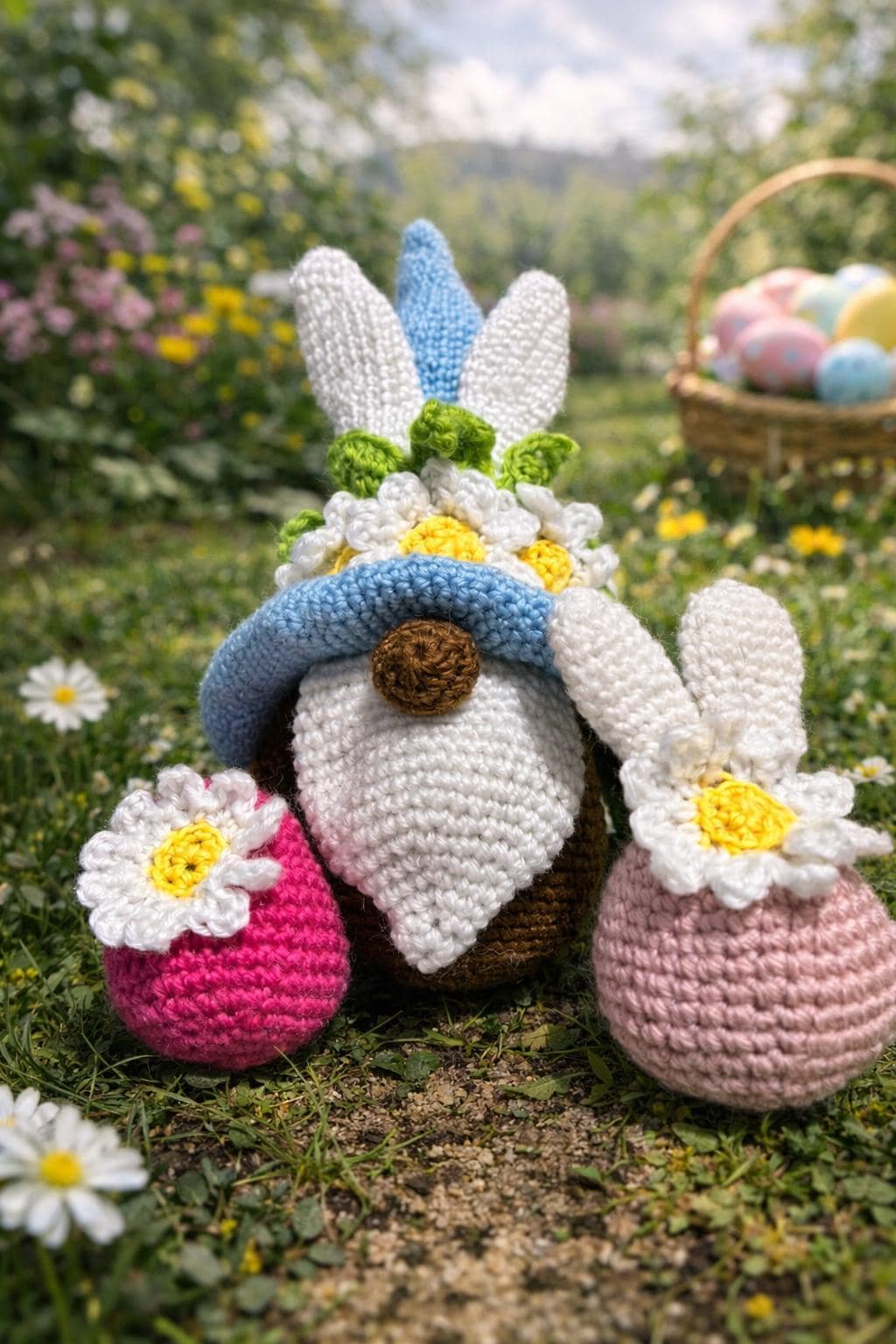 Crochet Bunny Gnome Plush | Daisy Flower Hat Easter Decor