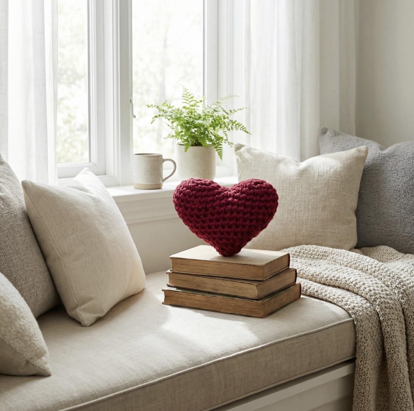 Handmade Crochet Heart Pillow – Red Plush Cushion