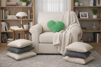 Handmade Crochet Heart Pillow – Green Plush Cushion