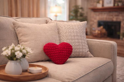 Red Crochet Heart Plushie Pillow | Handmade Chunky Yarn