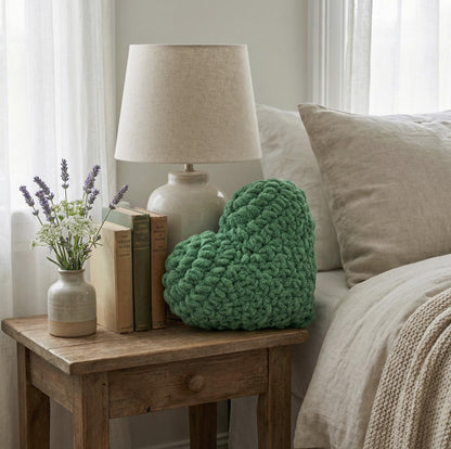 Handmade Crochet Heart Pillow – Green Plush Cushion