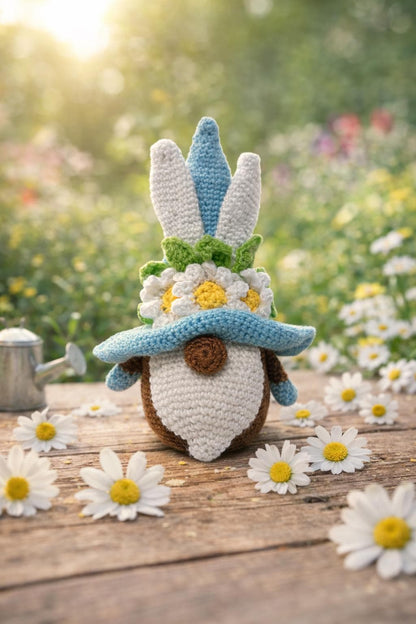 Crochet Bunny Gnome Plush | Daisy Flower Hat Easter Decor