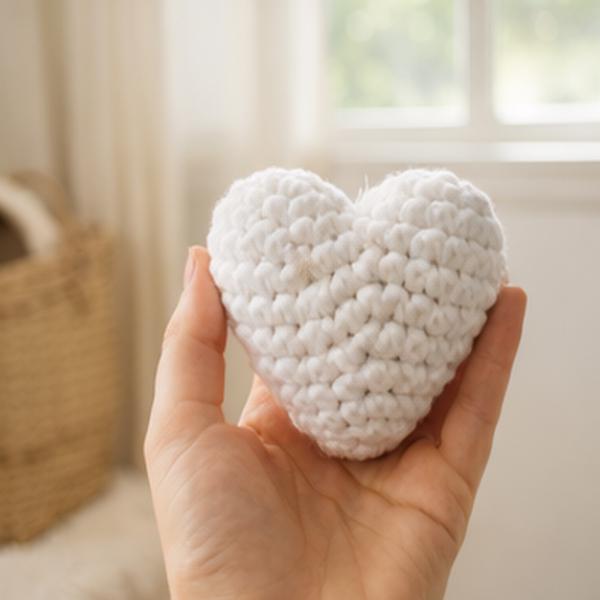 Handmade Crochet Heart Pillow – White Plush Cushion Decor