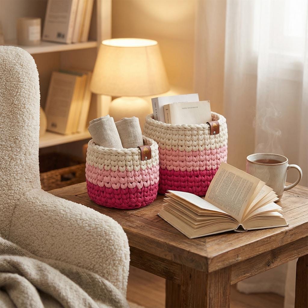 Pink Ombre Crochet Storage Baskets | Handmade T-Shirt Yarn Home Decor