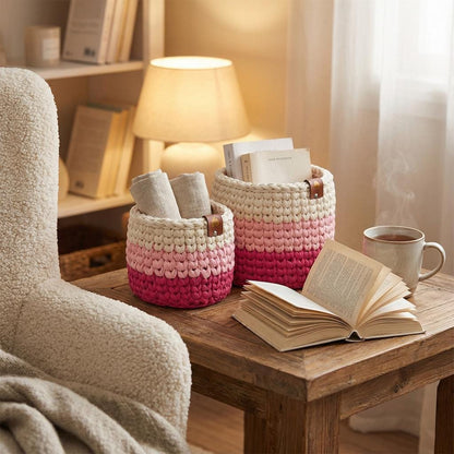 Pink Ombre Crochet Storage Baskets | Handmade T-Shirt Yarn Home Decor