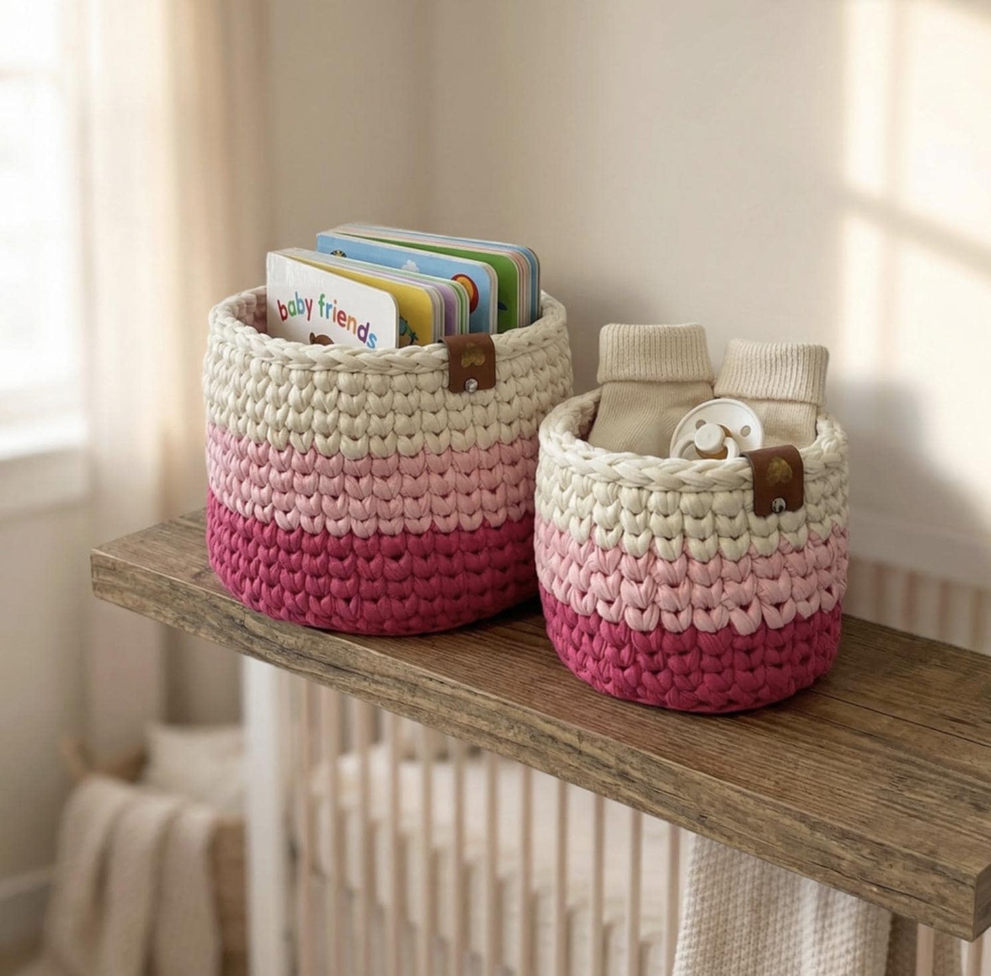 Pink Ombre Crochet Storage Baskets | Handmade T-Shirt Yarn Home Decor