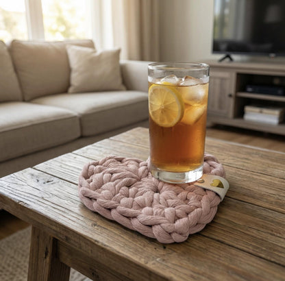 Heart-Shaped Macramé Coaster – Handmade Cotton Drink Coaster