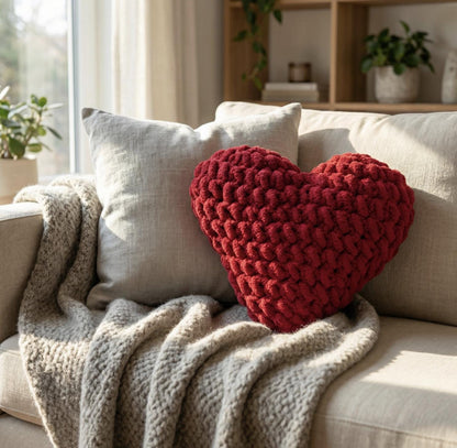 Red Crochet Heart Plushie Pillow | Handmade Chunky Yarn