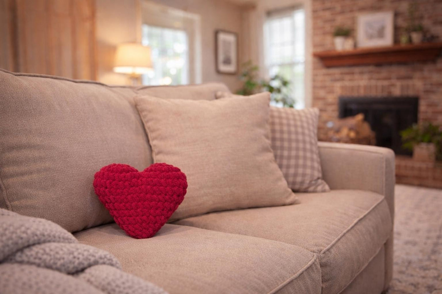 Red Crochet Heart Plushie Pillow | Handmade Chunky Yarn
