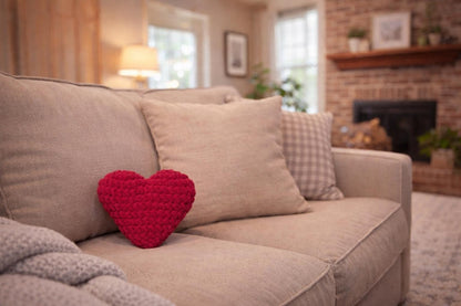 Red Crochet Heart Plushie Pillow | Handmade Chunky Yarn