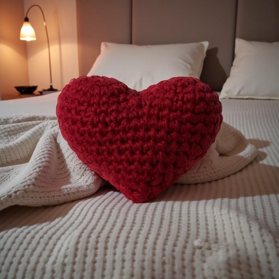 Handmade Crochet Heart Pillow – Red Plush Cushion