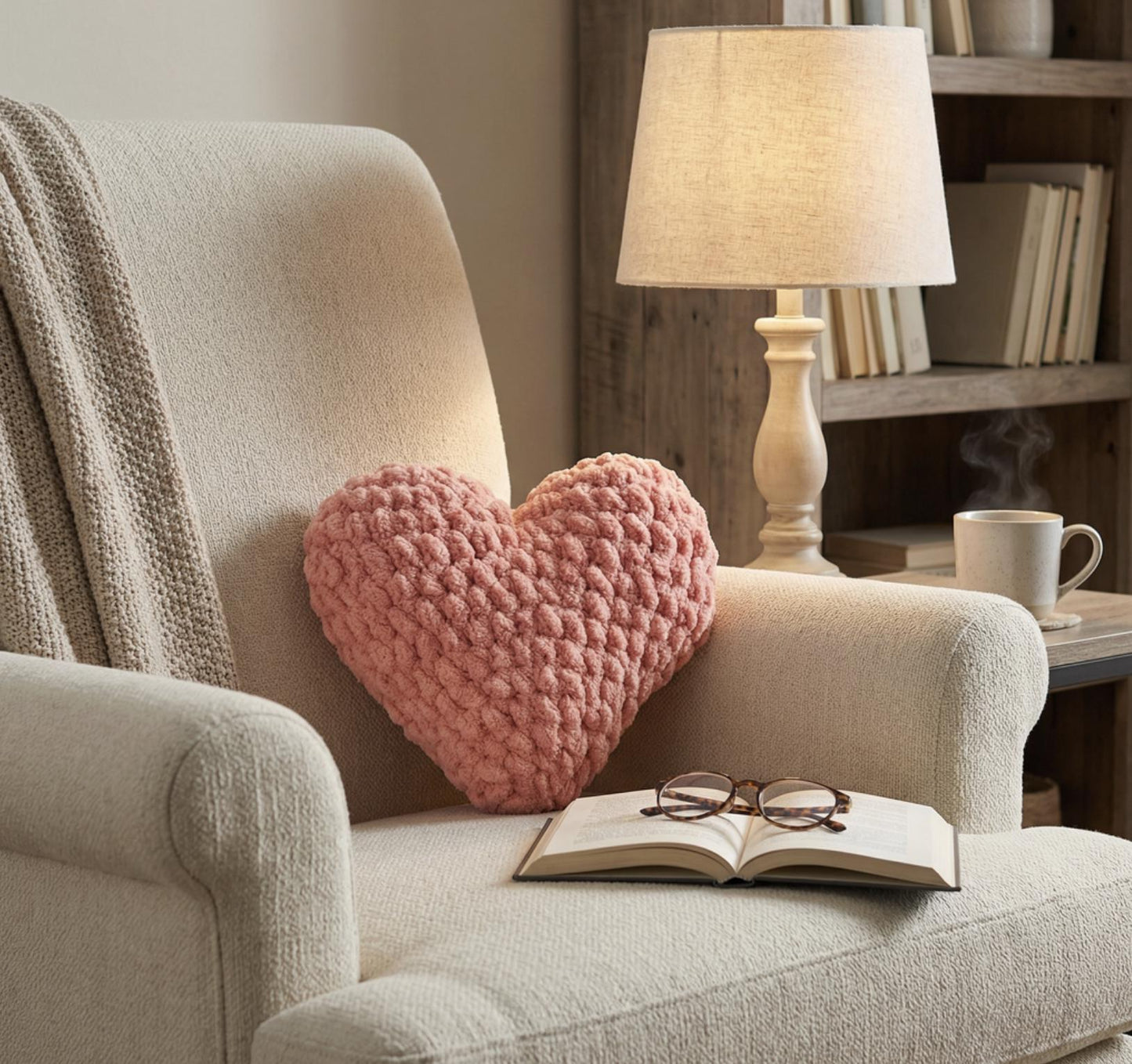 Handmade Crochet Heart Pillow – Pink Plush Cushion