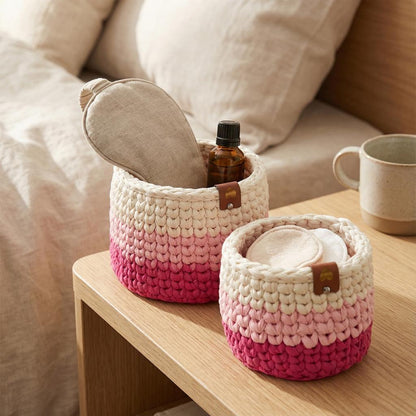 Pink Ombre Crochet Storage Baskets | Handmade T-Shirt Yarn Home Decor