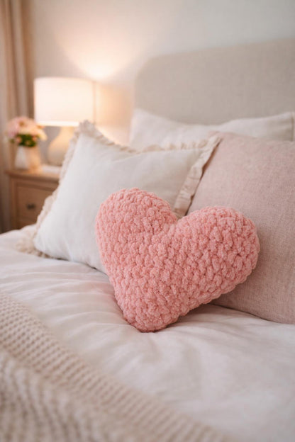 Handmade Crochet Heart Pillow – Pink Plush Cushion