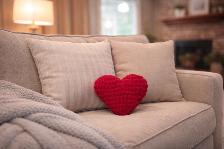 Red Crochet Heart Plushie Pillow | Handmade Chunky Yarn