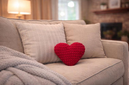 Red Crochet Heart Plushie Pillow | Handmade Chunky Yarn