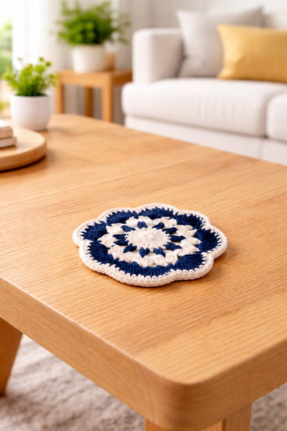 Seaside Lace - Handmade Crochet Coaster – Navy & Cream Coaster