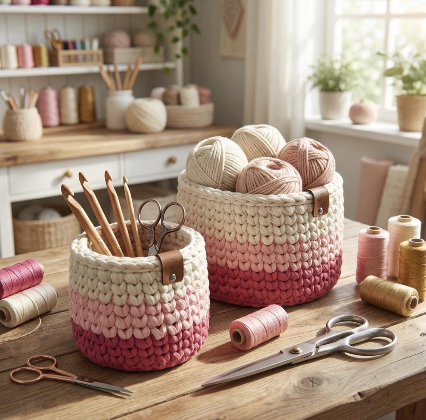 Pink Ombre Crochet Storage Baskets | Handmade T-Shirt Yarn Home Decor
