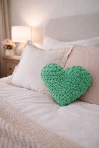 Handmade Crochet Heart Pillow – Green Plush Cushion