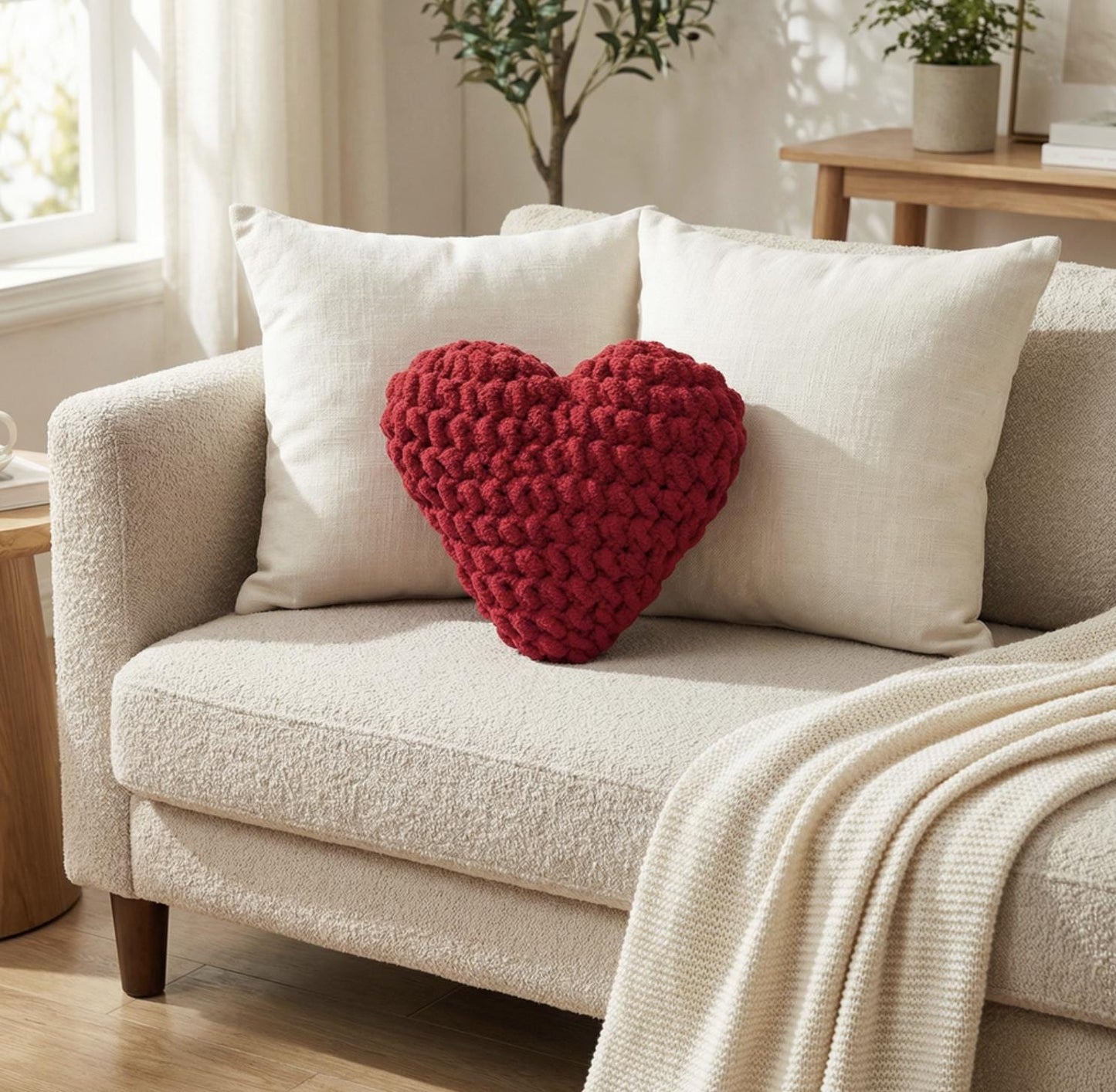 Red Crochet Heart Plushie Pillow | Handmade Chunky Yarn