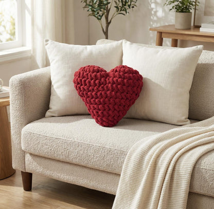 Red Crochet Heart Plushie Pillow | Handmade Chunky Yarn