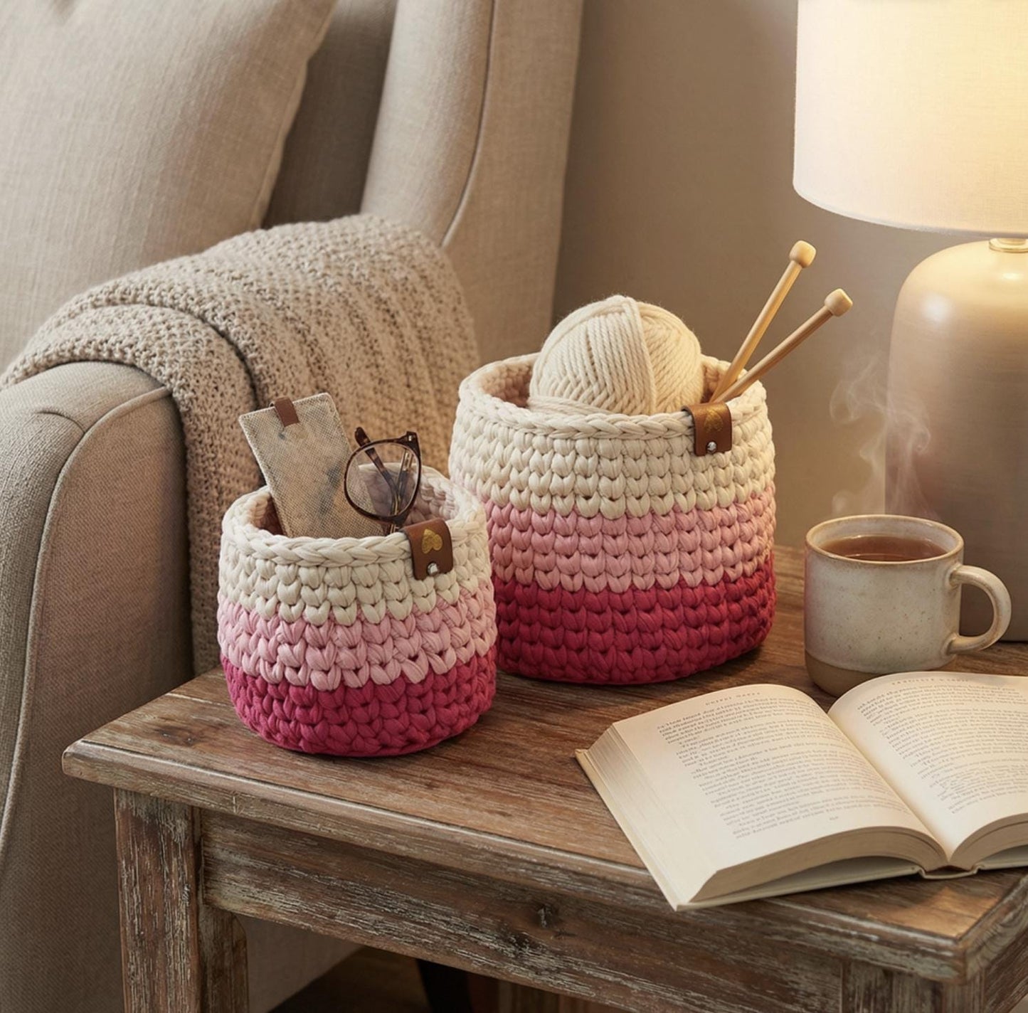 Pink Ombre Crochet Storage Baskets | Handmade T-Shirt Yarn Home Decor