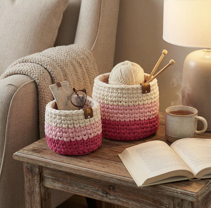 Pink Ombre Crochet Storage Baskets | Handmade T-Shirt Yarn Home Decor