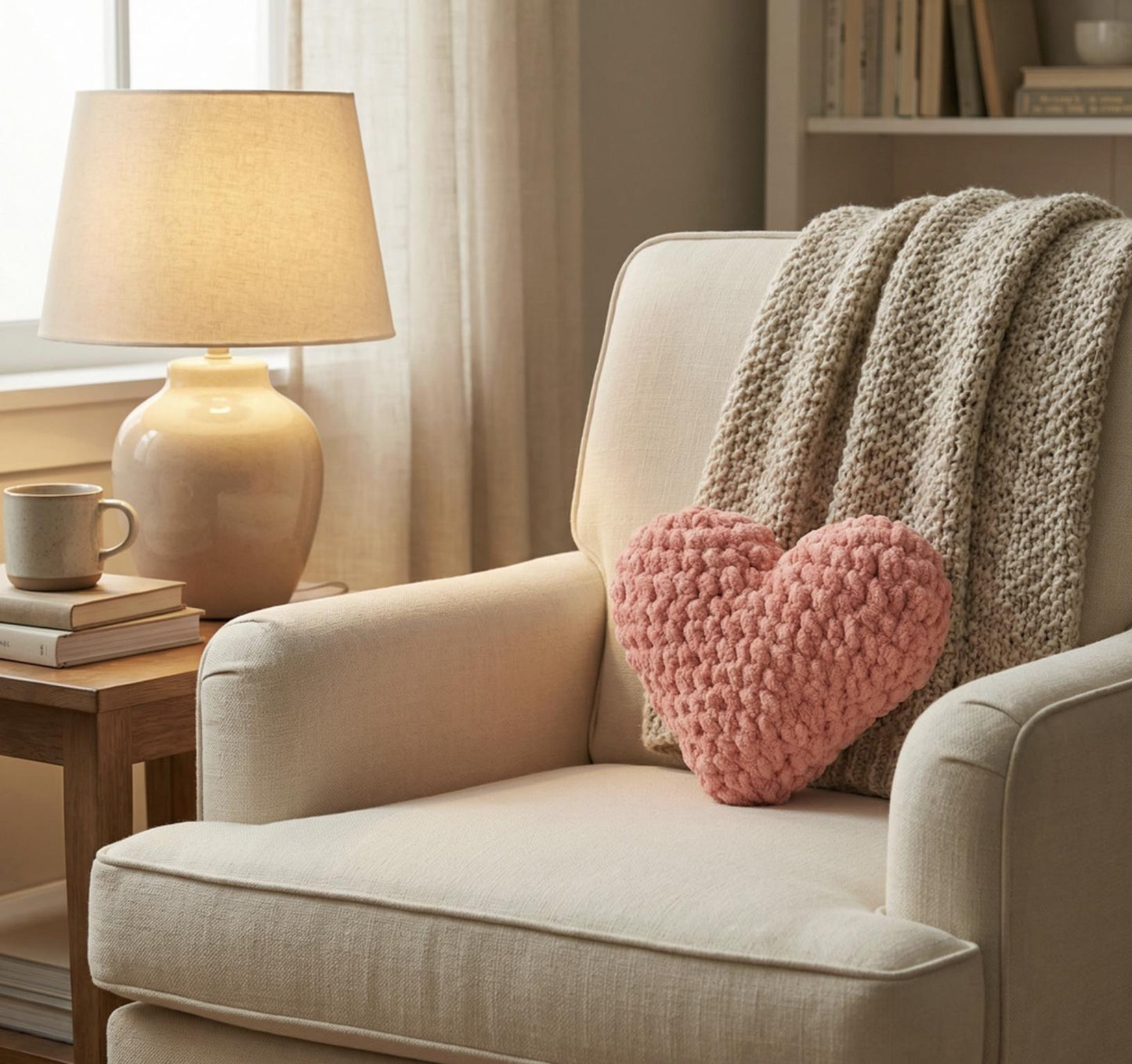 Handmade Crochet Heart Pillow – Pink Plush Cushion